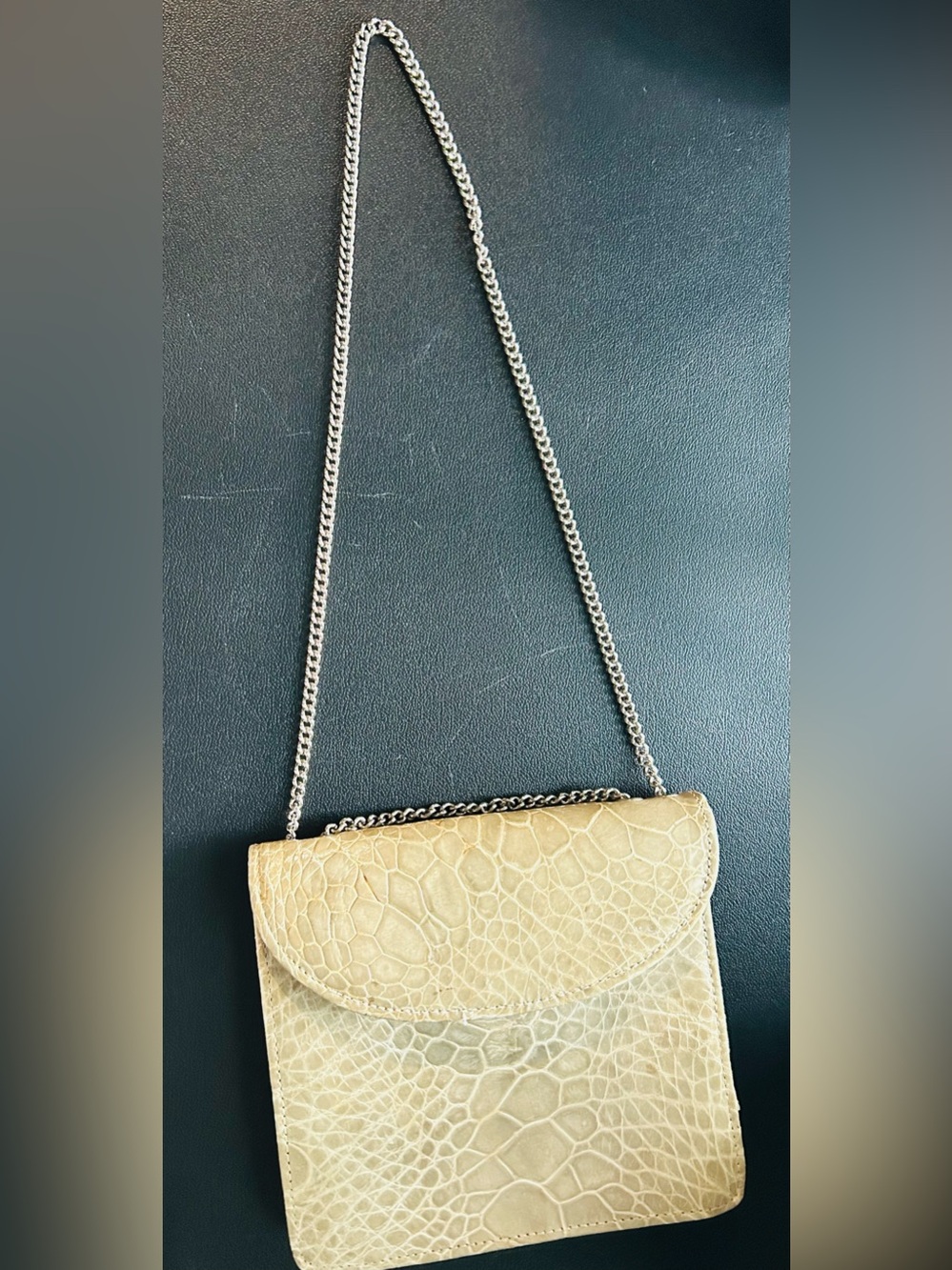 Vintage Beige Crocodile-Embossed Leather Envelope Crossbody Bag